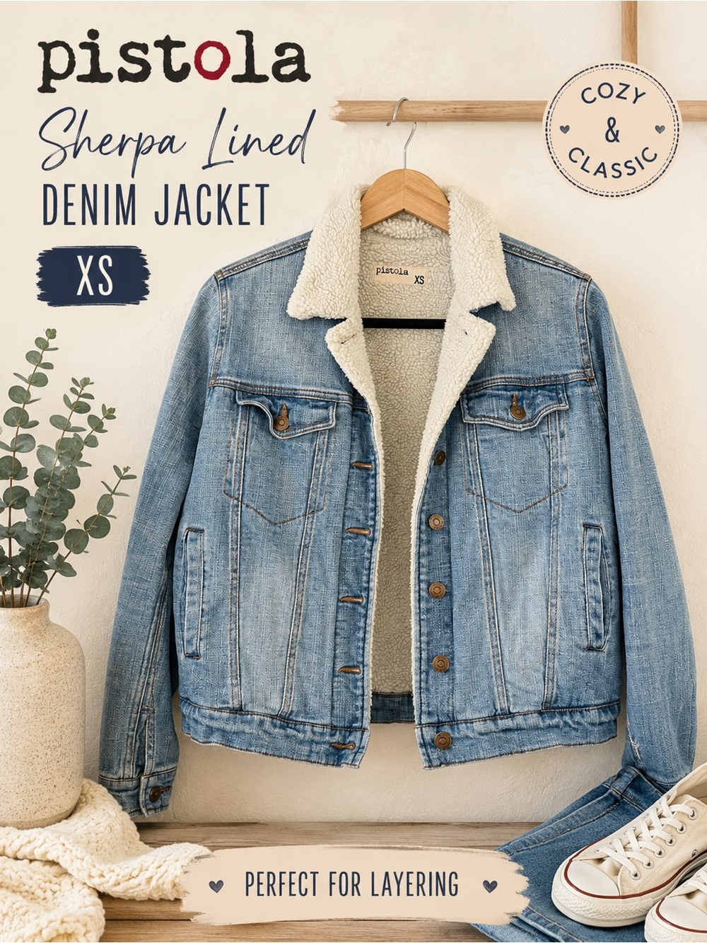 Pistola Sherpa Lined Denim Trucker Jacket Light Wash Blue Jean Coat XS